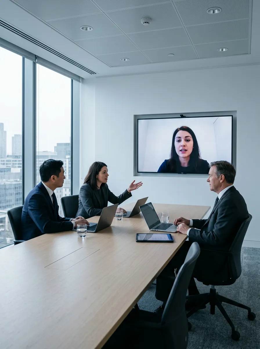 Three lawyers with laptops and a tablet at a conference table, in discussion with a colleague on a video call on the wall screen.